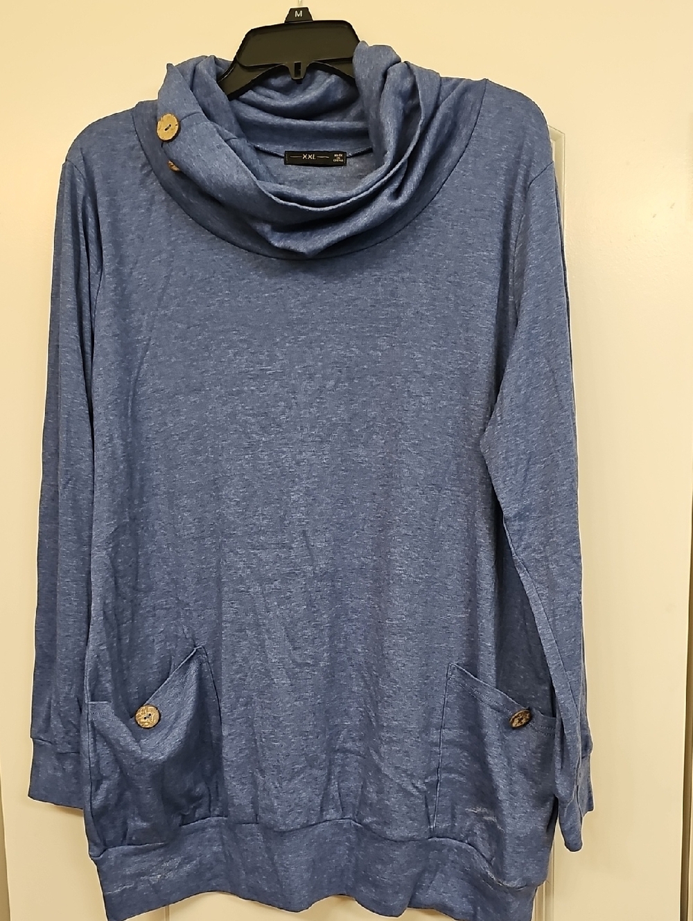 Xxl Blue Cowl Neck Long Sleeve Tunic Shirt Front Pockets Button Accents